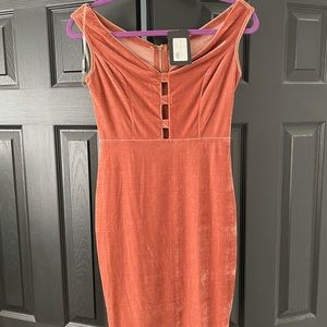 Off the shoulder dark peach colored mini dress